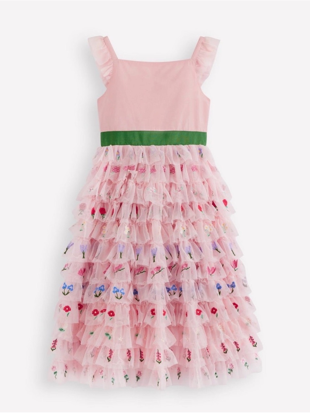 Mini Boden Pink Floral Ruffle Tulle Dress with Green Waistband